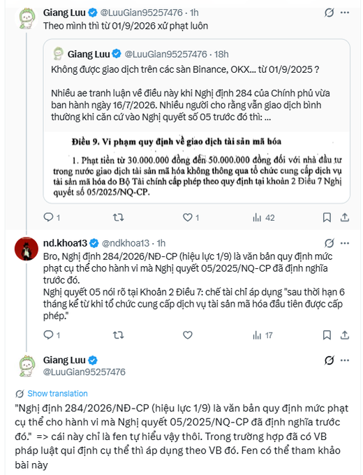 A Vietnamese social media post thread by 'Giang Luu' discussing Vietnamese Decree 284/2026/ND-CP regarding cryptocurrency trading regulations on exchanges like Binance and OKX, effective 01/9/2026, with replies clarifying the distinction between this decree and Decree 05/2025/NQ-CP.