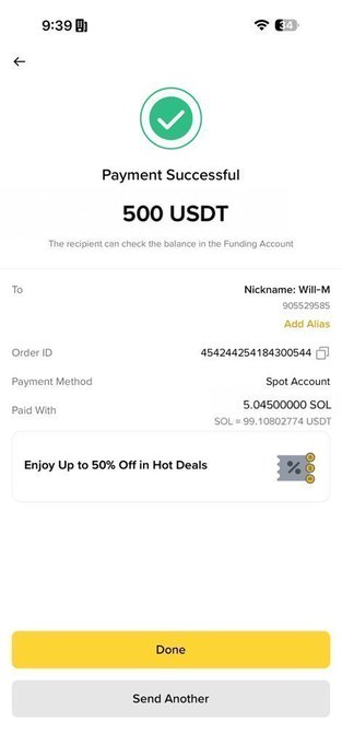 The image shows a Binance "Payment Successful" confirmation for 500 USDT sent to the nickname "Will-M" (UID 905529585), paid via Spot Account using 5.045 SOL ($99.108). This screenshot serves as proof of the $500 USDT transfer the poster claims to have sent, supporting their promise to send $500 to five more people who comment their Binance UID or wallet address.
