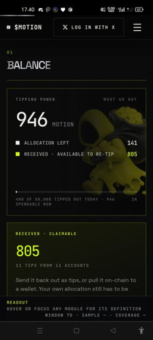 A dark-themed mobile app screen titled "BALANCE" shows a "TIPPING POWER" of 946 $MOTION, with 141 "ALLOCATION LEFT" and 805 "RECEIVED - AVAILABLE TO RE-TIP". A "RECEIVED - CLAIMABLE" section displays 805 from "11 TIPS FROM 11 ACCOUNTS".