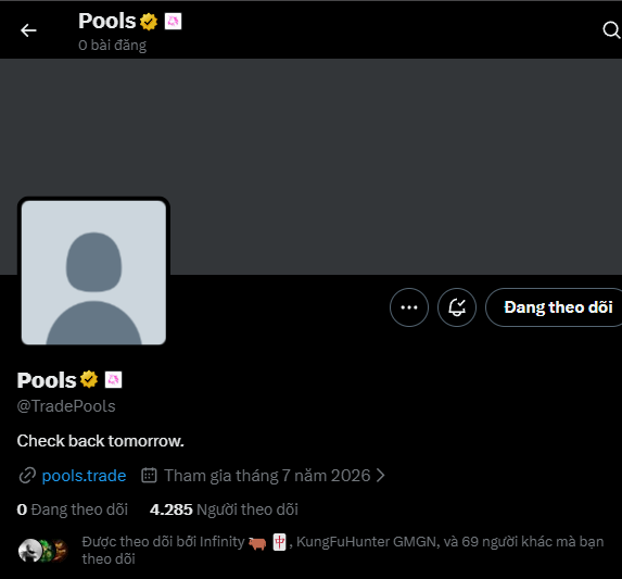 A Twitter/X profile page for "Pools @TradePoolss" with the display name "Pools 🌼 👾", a bio stating "Check back tomorrow.", and a link to pools.trade, showing 0 posts but 4,285 followers.