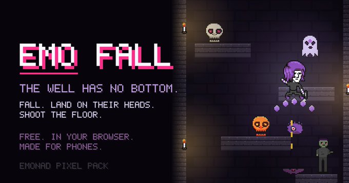 A promotional graphic for the pixel art game 'EMO FALL' displays the text 'THE WELL HAS NO BOTTOM. FALL. LAND ON THEIR HEADS. SHOOT THE FLOOR. FREE. IN YOUR BROWSER. MADE FOR PHONES. EMONAD PIXEL PACK' next to a character falling past skulls and ghosts.