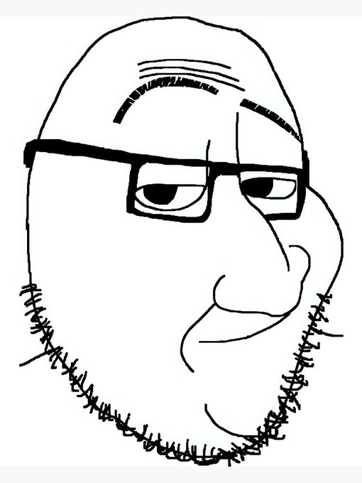 A black-and-white cartoon drawing of a bearded man wearing glasses and a head covering, rendered in a simple stylized line art style.
