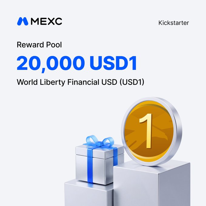 MEXC promotional image for their Kickstarter event featuring a 20,000 USD1 reward pool for World Liberty Financial USD (USD1), displayed with a gold coin marked "1" and a silver gift box with blue ribbon.