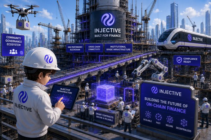 The image features a young boy wearing a hard hat standing next to a construction site, with various construction equipment such as cranes and scaffolding around him. The scene also includes several people working at the construction site, some of whom are holding tablets or laptops. There is an advertisement for Injective in the background that reads "Today, I bought more @injective again, and I'M feeling increasingly confident about this decision. The more I learn about @injective, the more I see that it's not just a token but a well-structured on-chain financial ecosystem from decentralized trading and tokenized assets to".