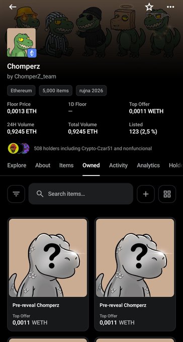 An OpenSea NFT marketplace page for the 'Chomperz' collection by ChomperZ_team on Ethereum, showing 5,000 items with a floor price of 0.0013 ETH and pre-reveal Chomperz listings.