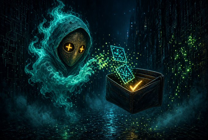 A hooded ghost figure with glowing cross-shaped eyes releases digital pixel particles toward an open treasure chest, set against a dark cyberpunk cityscape illuminated by green data streams. The image visually echoes the post's theme of receiving a free mint from @cifer_security, with the ghostly specter delivering a digital "loot drop" to the author's wallet in a surreal, tech-noir moment.