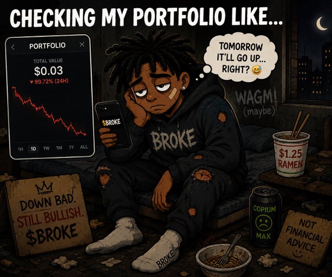 A cartoon meme titled "CHECKING MY PORTFOLIO LIKE..." showing a despondent character in a worn "BROKE" hoodie looking at a phone with a portfolio showing "TOTAL VALUE $0.03" and a red downward trend of "99.72% (24H)," with a thought bubble "TOMORROW IT'LL GO UP... RIGHT?" and surrounding signs reading "WAGMI (maybe)," "$1.25 RAMEN," "DOWN BAD. STILL BULLISH. $BROKE," and "NOT FINANCIAL ADVICE."