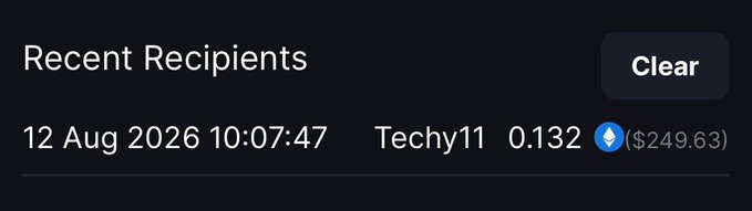 A cryptocurrency transaction history showing a recent recipient 'Techy11' receiving 0.132 ETH ($249.63) on 12 Aug 2026 at 10:07:47.