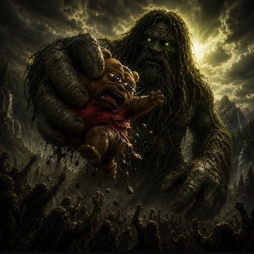 A monstrous, moss-covered troll with glowing green eyes looms over a desolate landscape, clutching a small terrified creature in its massive hand while a crowd of shadowy figures reaches up below. The image's haunting imagery of a powerful troll and its captive ties into the post's theme of devotion to the $SKOGTROLL meme coin, symbolizing the investor's embrace of the "true ancestor of TROLL."