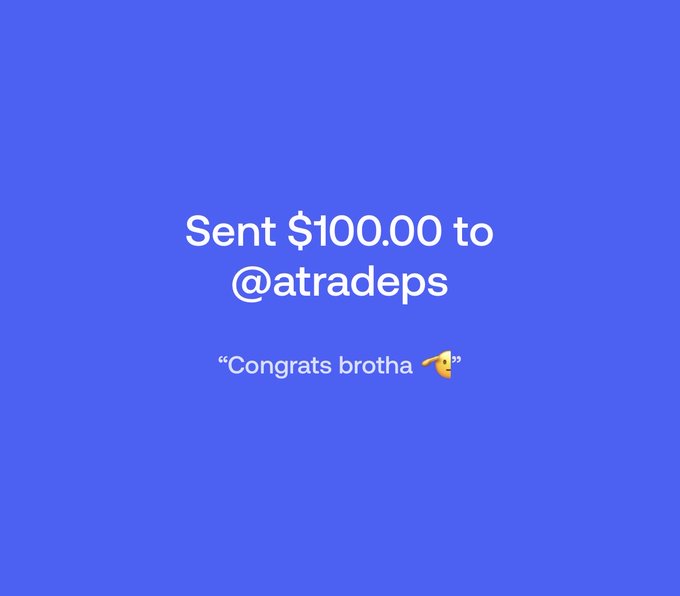 A blue screen displays a Cash App notification showing $100.00 sent to @atradeps with the note "Congrats brotha 👉," illustrating the giveaway winner announced in the post.