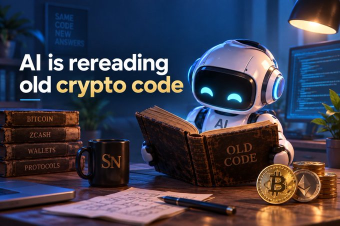 A 3D-rendered illustration of a cute white robot reading a book titled 'OLD CODE' on a desk, with the overlay text 'AI is rereading old crypto code' alongside crypto-themed books like 'BITCOIN', 'ZCASH', and 'PROTOCOLS'.