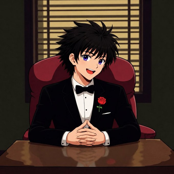 An anime-style illustration features a cheerful young man with messy black hair and purple eyes, wearing a black tuxedo with a red rose boutonnière, seated at a polished table with hands clasped, set against window blinds.