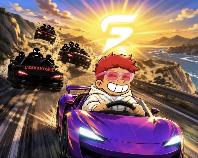 The image features a cartoon boy driving a purple sports car, with a mountain range in the background. The caption of the post reads "Hiiiiiiiii What’s popping? Hope you had a great night? Welp I had to read and assimilate Imma be making a post on why I chose @solanafunded from the others But right now can I get a GM?".