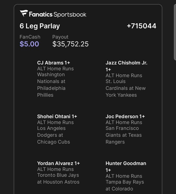 A screenshot of a Fanatics Sportsbook 6-leg parlay betting slip with a $5.00 wager yielding a $35,752.25 potential payout, featuring alt home run bets on CJ Abrams, Jazz Chisholm Jr., Shohei Ohtani, Joc Pederson, Yordan Alvarez, and Hunter Goodman—fitting the "degen" caption as an extremely low-probability, high-payout multi-leg parlay typical of risky sports betting behavior.