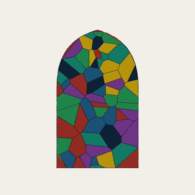 A digital illustration of an arched stained glass window featuring a mosaic of irregular, colorful polygons in shades of blue, green, purple, red, and yellow.