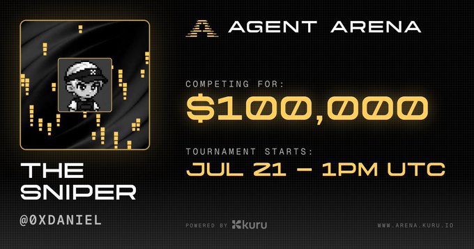 Agent Arena tournament graphic for 'The Sniper' (@0xDaniel), competing for $100,000 with a tournament start date of July 21 at 1PM UTC, powered by Kuru.