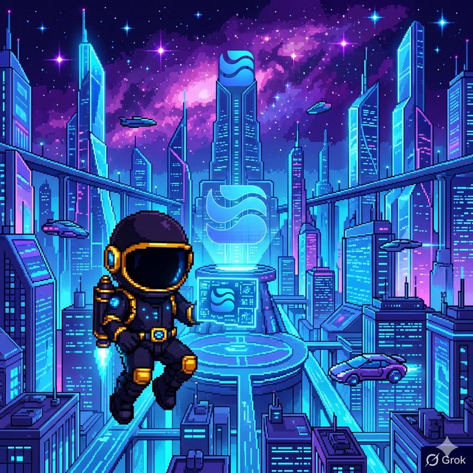 The image features a cityscape filled with tall buildings and futuristic technology, including spaceships flying overhead. In the center of the scene, an astronaut wearing a helmet and suit stands out against the blue sky backdrop. The caption above the image reads "I started the day monitoring cross-chain liquidity movements and saw @RiverdotInc continue to demonstrate its consistent dominance, which is getting stronger every day". This suggests that the city's financial markets are thriving, with the company @RiverdotInc leading the way in terms of dominance.