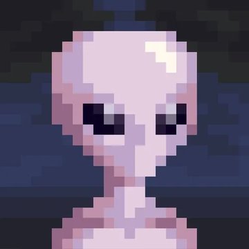 A small pixel art image of a pale pink/purple alien-like creature with large dark eyes and a thin neck against a dark background.