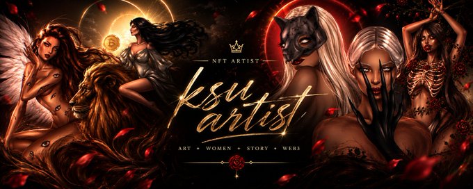 Banner artwork for NFT artist 'ksu artist' featuring multiple female figures, including a lion, angel, and masked characters, with the tagline 'ART • WOMEN • STORY • WEB3'.