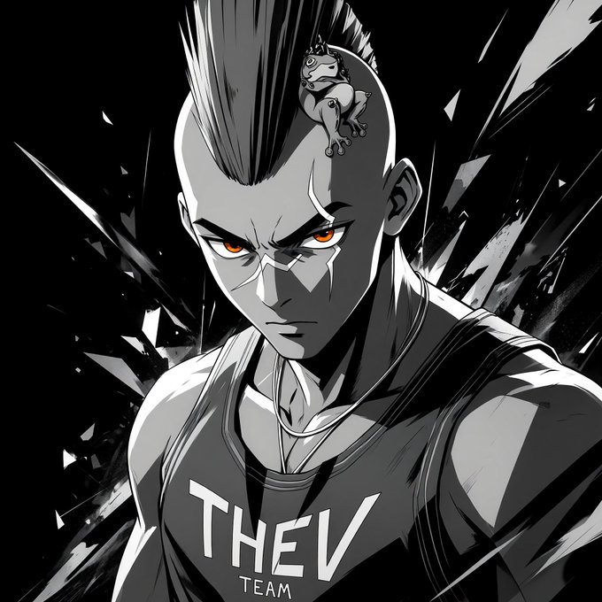 Black and white anime-style illustration of a character with a mohawk and an orange-eyed intense expression wearing a shirt that reads 'THEV TEAM', with a small frog figurine on top of his head.