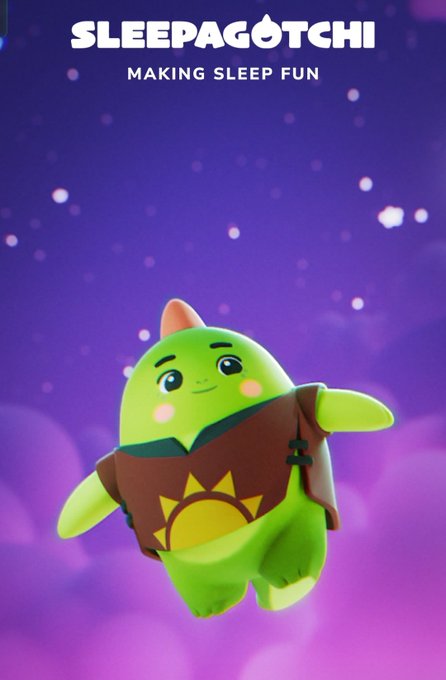 The image features a green cartoon character wearing a brown shirt that says "@sleepagotchi" above its head. The character appears to be flying through space with a smile on its face, giving off an impression of happiness or contentment. The background is a purple sky filled with stars and clouds, creating a whimsical atmosphere for the image. The caption below the image reads: "Good afternoon CT What makes @sleepagotchi interesting is that the ecosystem is not centered only around farming activity". This implies that the character's popularity might be based on its unique appearance or the way it interacts with others rather than traditional farming activities, making it stand out from other characters in the game.