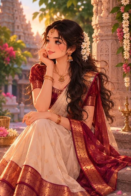 An illustrated anime-style woman with long dark hair sits gracefully in a traditional red and gold sari. She is adorned with gold jewelry and white flowers in her hair, set against a backdrop of temple architecture and blooming flowers.