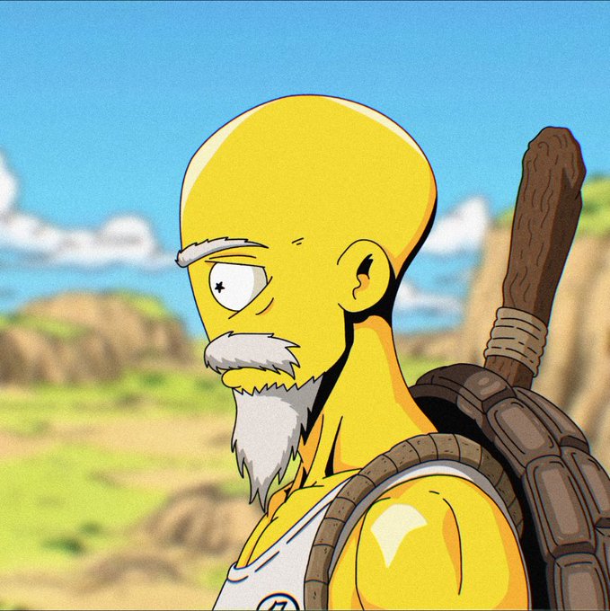 An anime-style illustration of a bald, muscular yellow-skinned character with a white beard and star-shaped pupil, wearing a white tank top and carrying a wooden weapon on his back, set in a bright, rocky landscape.