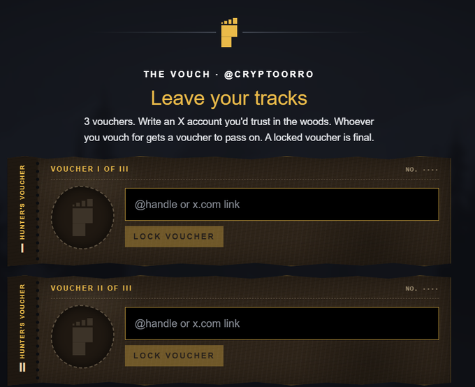 A dark-themed interface titled 'Leave your tracks' for 'THE VOUCH @CRYPTOORRO', showing three slots for users to vouch for X accounts with 'LOCK VOUCHER' buttons.