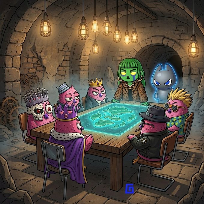 A whimsical illustration of various NFT characters—including crowned and spiked figures, a ghost, and a chain-smoking creature—gathered around a glowing holographic table inside a stone vault, symbolizing a clandestine "deal-making" meeting among NFT collections.

The post highlights a collaboration request between NFT projects @TheGodPull and @betty_nft, with the underground vault scene mirroring the secretive, high-stakes negotiations implied by pitching for "The God List."
