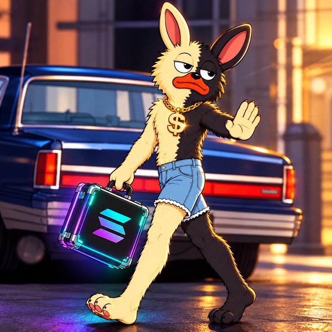 A digital illustration shows an anthropomorphic rabbit with split black-and-white fur, wearing denim shorts and a gold dollar-sign chain, carrying a glowing briefcase bearing the Solana logo.