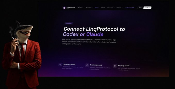 Promotional banner for LingProtocol featuring a shark mascot in a red suit, advertising the ability to 'Connect LingProtocol to Codex or Claude' as a workspace with deployed logs, metrics, workflows, and LLM controls.
