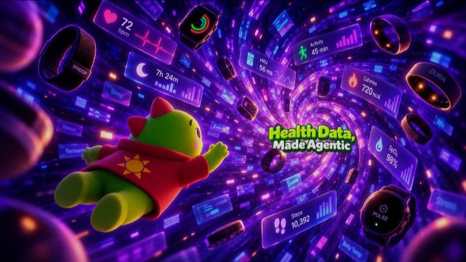 A 3D animated green character in a red shirt floats through a tunnel of health data displays, with text reading 'Health Data, Made Agentic'.