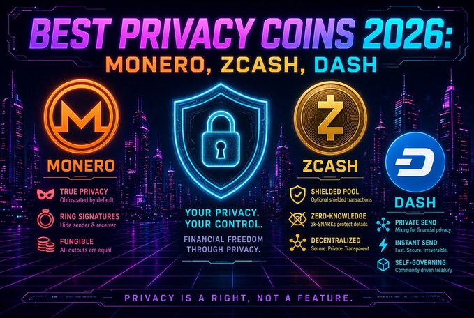 A futuristic neon graphic titled "BEST PRIVACY COINS 2026: MONERO, ZCASH, DASH" features the three coins' logos alongside a glowing padlock shield, with each coin listing its privacy features (Monero's true privacy, ring signatures, fungibility; Zcash's shielded pool, zero-knowledge proofs; Dash's private send and instant send), reinforcing the post's message that privacy tokens like $XMR, $ZEC, and $DASH will thrive in the next bull run.