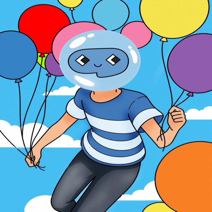 A cartoon illustration of a character with a glass dome helmet containing a smiling face, wearing a blue and white striped shirt, floating in the sky while holding bundles of colorful balloons.