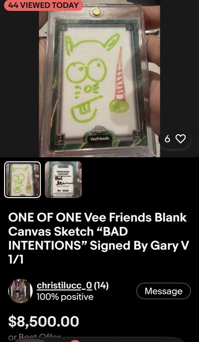 A mobile app listing shows a 'ONE OF ONE Vee Friends Blank Canvas Sketch "BAD INTENTIONS" Signed By Gary V 1/1' from seller christilucc_0 priced at $8,500.00.