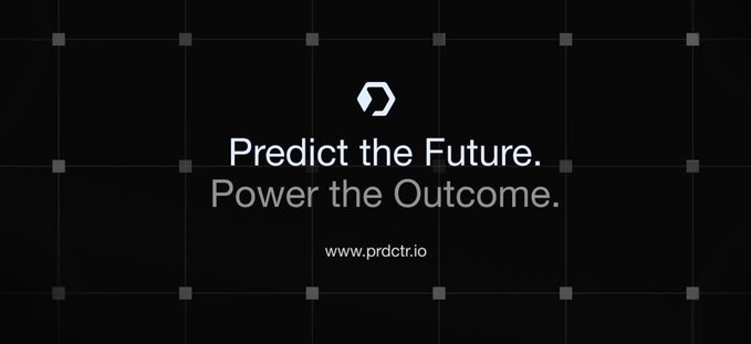 The image displays a sleek, dark-themed promotional graphic for PRDCTR, featuring a hexagonal logo and the tagline "Predict the Future. Power the Outcome." along with the website "www.prdctr.io." It visually reinforces the post's message about PRDCTR building dedicated infrastructure for prediction markets, with the confident tagline capturing the platform's vision of forecasting and influencing outcomes, while the post highlights its underlying AppChain technology and the $PRD token as its native gas currency.