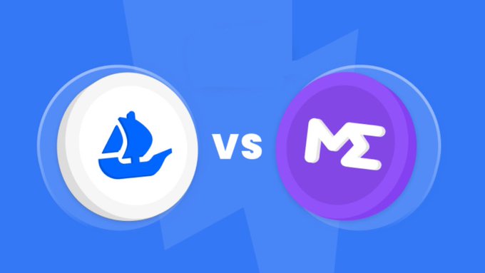 A blue graphic showing two competing crypto coins - a white coin with a blue sailing ship logo versus a purple coin with a white 'ME' logo.