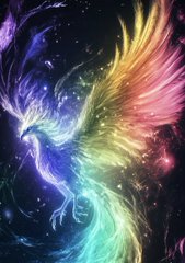 A colorful, abstract digital illustration of a phoenix-like bird composed of swirling rainbow colors and stardust.