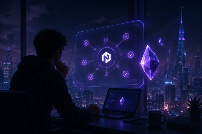 A person sits silhouetted at a desk overlooking a futuristic purple-lit cityscape at night, with a laptop displaying the Nomisma (N) logo alongside a glowing holographic network diagram and floating diamond crystals that represent the in-game currency being earned. The image visually reinforces the post's focus on Nomisma Network's final Stage 13 of Season 3, highlighting the urgency of completing testnet tasks to collect valuable Diamonds before the season ends.