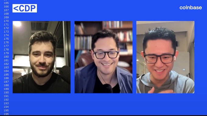 A screenshot from a Coinbase video featuring three men in a video call format, with the "CDP" and "Coinbase" logos displayed in the top corners, relates to the cryptocurrency discussion about the upcoming $TIBBIR wave mentioned in the post.