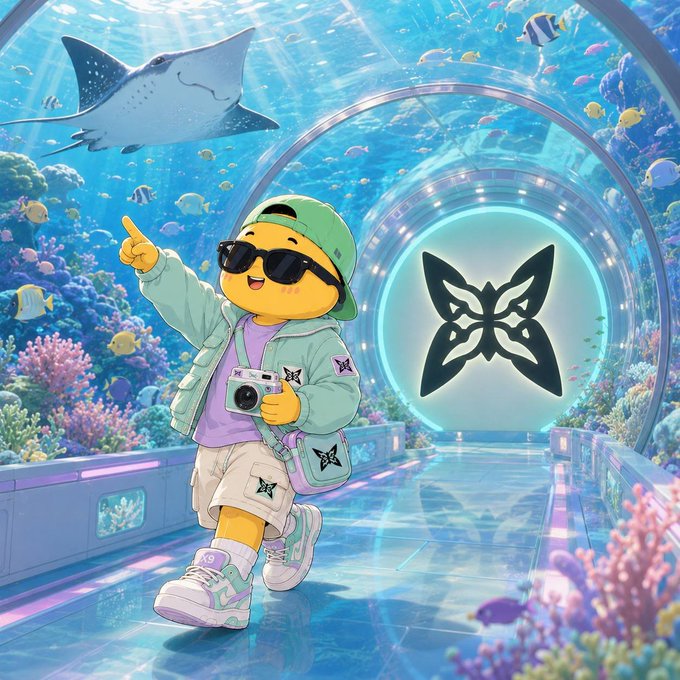 A cartoon illustration of a yellow smiley character wearing a green bucket hat, sunglasses, and a mint jacket, holding a camera in an underwater aquarium tunnel with a manta ray and a butterfly logo.