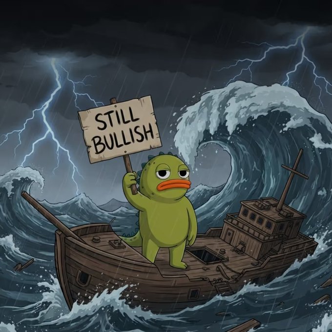 A cartoon green Pepe-style character on a sinking wooden ship in a stormy sea with lightning, holding a sign that reads 'STILL BULLISH'.