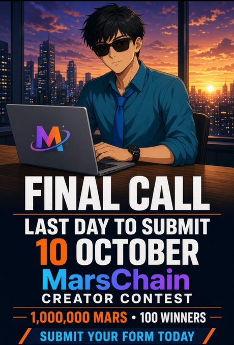 An anime-style promotional graphic for the MarsChain Creator Contest with a 'FINAL CALL' to submit by 10 October, offering 1,000,000 MARS to 100 winners.