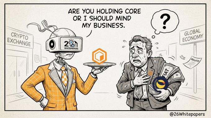 A cartoon depicting a robot in a suit asking 'ARE YOU HOLDING CORE OR I SHOULD MIND MY BUSINESS' outside a Crypto Exchange, while a sweating man clutching money labeled 'IAT' stands near a 'GLOBAL ECONOMY' building.