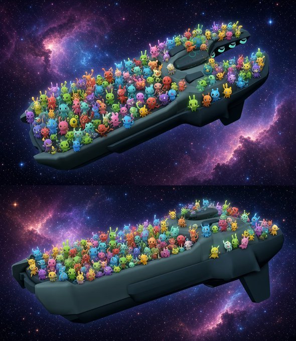 A 3D rendering of a spaceship filled with hundreds of small, colorful cartoon creatures against a starry space background, shown from two angles.