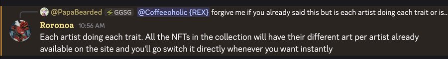 A Discord conversation shows user @PapaBearded asking @Coffeeoholic whether each artist creates each trait, with a reply from Roronoa explaining that each NFT in the collection features different art per artist already available on the site and switchable instantly.