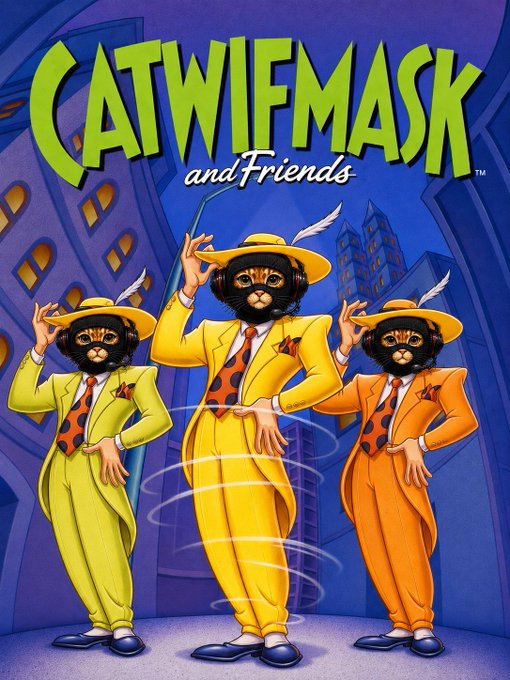 A vibrant illustration for "Catwifmask and Friends" featuring three anthropomorphic cats dressed in stylish yellow and orange suits with matching hats, set against a city skyline backdrop, fitting the playful crypto branding of $MASK.