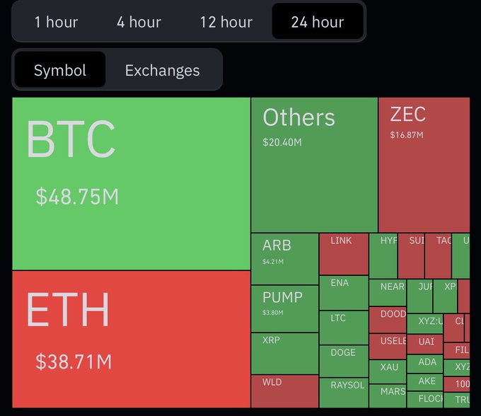 A cryptocurrency market heatmap displaying 24-hour performance with BTC at $48.75M (green/gain) and ETH at $38.71M (red/loss), along with various altcoins like ZEC, ARB, PUMP, LINK, and others.