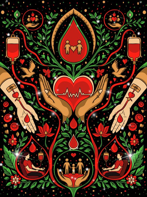 A symmetrical, ornate illustration with a black background features a central beating heart cradled by hands, surrounded by motifs of family, blood donation (IV bags, blood drops, arm bandages), doves, flowers, and figures donating blood—symbolizing themes of life, love, and health. The artwork's message of giving and preserving life aligns with the collector's description of it as "Hope of Life," a meaningful piece supporting humanitarian values like blood donation and family bonds.