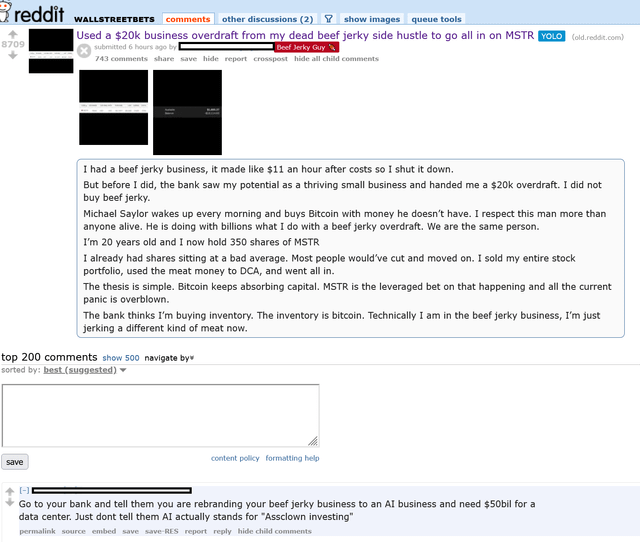 A screenshot of a viral Reddit post from r/wallstreetbets titled 'Used a $20k business overdraft from my dead beef jerky side hustle to go all in on MSTR,' describing leveraging debt to buy Bitcoin and MicroStrategy shares.